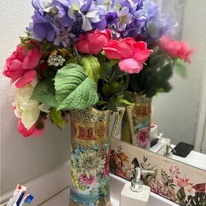 Floral Ceramic Vase with Multicolor Flowers